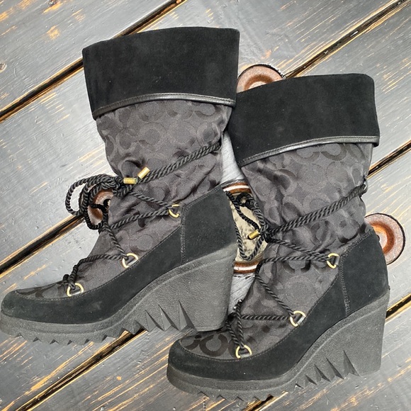 Coach black monogram jacquard Maisy rope tie lace up wedge winter boots Size 8 - Picture 12 of 16